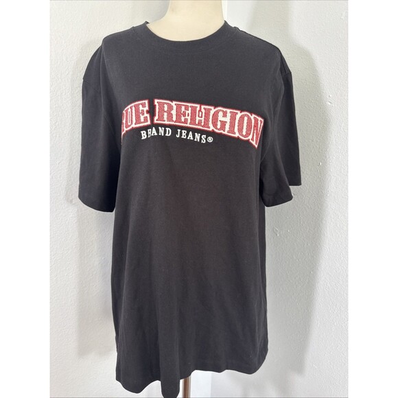 True Religion Jeans T shirt Mens M Black‎ Embroidered Logo Preppy - Picture 1 of 11